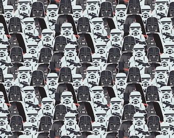 May include: A repeating pattern of black and white Star Wars characters. Darth Vader and Stormtroopers are depicted in a grid pattern.