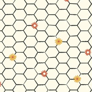 May include: A white background with a black chicken wire pattern and orange and yellow flowers.