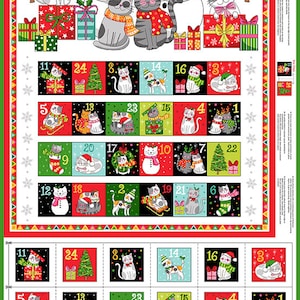 May include: A festive Advent calendar featuring cats and snowmen in a winter scene. The calendar has 24 numbered squares with cat illustrations, Christmas trees, and gift boxes. The top border is red with a green and white triangle pattern.