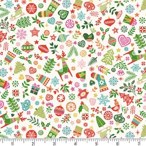 May include: A cream-coloured fabric with a repeating Christmas pattern. The design includes Christmas trees, reindeer, baubles, snowflakes, and gift boxes in red, green, pink, and blue. The fabric is covered in festive illustrations.