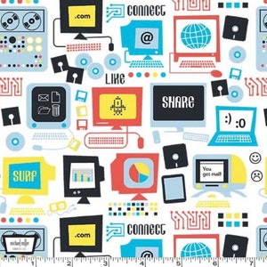 May include: A white background with a colorful pattern of computer icons, including a floppy disk, a computer monitor with a smiley face, a computer monitor with a pie chart, and a computer monitor with the text "You got mail!" The pattern also includes the words "Connect", "Like", "Share", and "Surf".