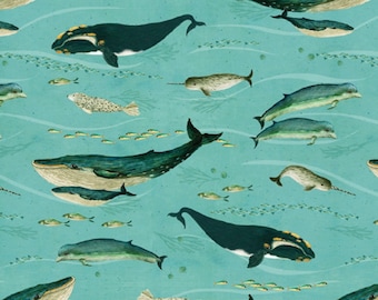 Tierra y mar - Ballenas de las Islas Feroe, cielos despejados, de Katherine Quinn, de Windham Fabrics