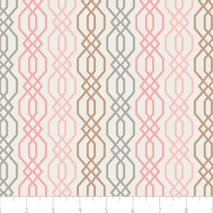 May include: A seamless pattern featuring vertical stripes of geometric designs in shades of gray, pink, and brown. The pattern is on a white background.
