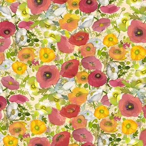 Poppy Dreams - Packed Poppies Cream by Sue Zipkin from Clothworks Fabric