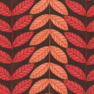 May include: A repeating pattern of stylised leaves in shades of red and orange on a dark brown background.