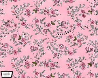 May include: Pink fabric with a white and black floral pattern. The fabric features small flowers and leaves in a repeating pattern.