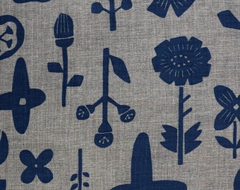 Simple Life CANVAS - Flower Plants Navy  Blue on Gray from Kokka Fabric