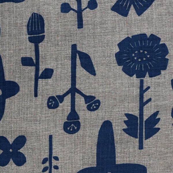 Simple Life CANVAS - Flower Plants Navy  Blue on Gray from Kokka Fabric