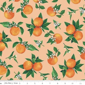 May include: A seamless fabric pattern featuring a repeating design of orange citrus fruit with green leaves and white blossoms on a peach background.
