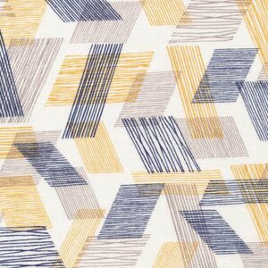 May include: Abstract geometric pattern fabric with a white background and overlapping lines in shades of yellow, blue, and gray.
