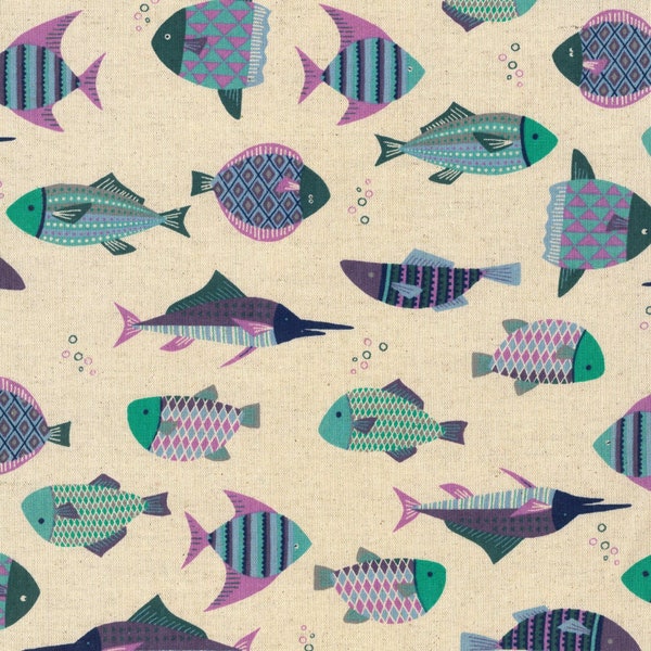 Patterned Animals CANVAS - Fish Multi Lavender from Kokka Fabric