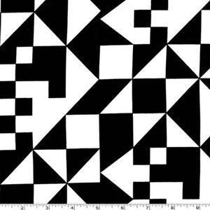 Puede incluir: Tela de patrón geométrico en blanco y negro con un diseño repetitivo de cuadrados y triángulos.