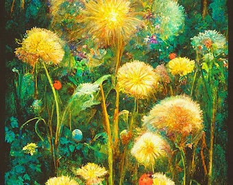 Op de afbeelding: Een artistiek schilderij van een veld met paardenbloemen in verschillende bloeistadia. De paardenbloemen zijn heldergeel, sommige zijn al in zaad. De achtergrond is een weelderig groen bos met hints van andere wilde bloemen en lieveheersbeestjes.