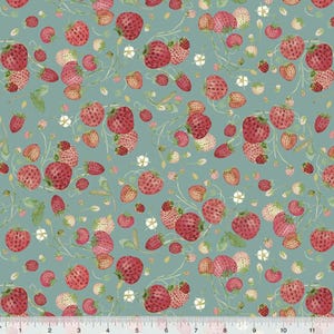 May include: A fabric pattern featuring a repeating watercolor illustration of red strawberries, green stems, and small white flowers on a muted sage green background, with a visible ruler at the bottom measuring up to 12 inches in length.