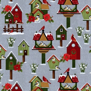 Frozen in Time - Bird Houses Gray by Jan Mott from Henry Glass Fabric