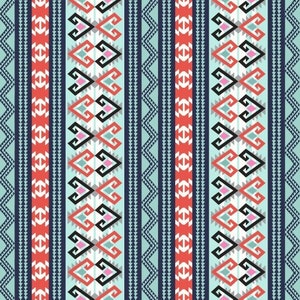 May include: A seamless pattern with a repeating geometric design. The pattern features a variety of shapes, including triangles, squares, and diamonds. The colours in the pattern are red, blue, white, and black.