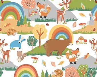 May include: A white background with a colorful woodland pattern. The pattern includes animals like foxes, deer, bears, and hedgehogs. There are also rainbows, trees, and mushrooms.