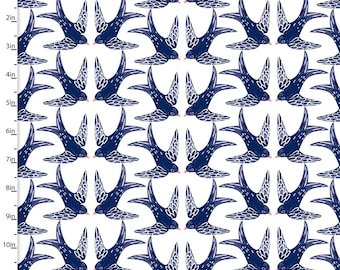 May include: A white background with a repeating pattern of blue swallows. The swallows are facing each other and have a white outline.
