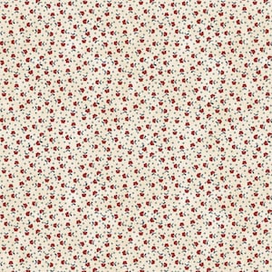 May include: Cream-coloured fabric featuring a repeating pattern of small red flowers and tiny grey dots. The flowers have green stems and leaves. The design is a classic floral pattern.