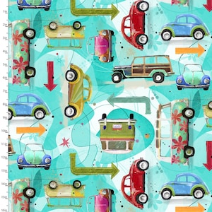 Road Trippin’ - Autos y furgonetas turquesa de 3 Wishes Fabric