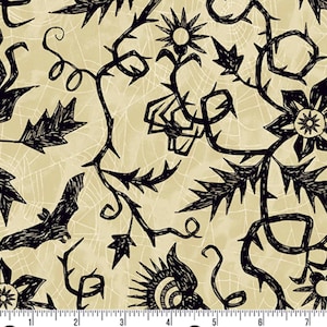 May include: A beige fabric with a repeating black pattern of spiky vines, flowers, bats, and spiders. The design has a hand-drawn, sketched aesthetic, with a spiderweb-like background. This fabric is suitable for Halloween or gothic-themed projects.