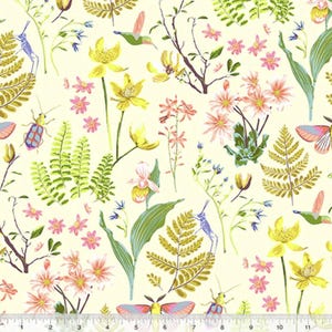 May include: A fabric with a cream background featuring a botanical pattern. The design includes yellow and pink flowers, green ferns, butterflies, hummingbirds, and insects. The pattern is a repeating design with a ruler at the bottom.