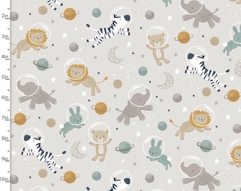 May include: A seamless pattern featuring various animals wearing astronaut helmets, including a zebra, lion, elephant, bear, and rabbit. The animals are floating in space with stars, planets, and moons in the background. The pattern is on a light gray background.