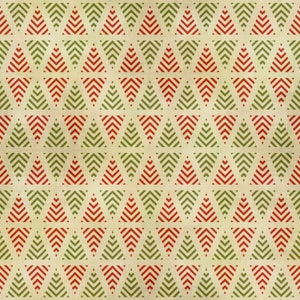 May include: A seamless pattern of red and green triangles on a beige background. The triangles are made up of thin stripes, creating a geometric design.