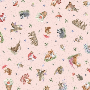 May include: A repeating pattern on a pale pink backdrop, showcasing watercolour illustrations of woodland creatures such as foxes, rabbits, and badgers, alongside flowers, mushrooms, and berries. The design has a whimsical, storybook aesthetic.