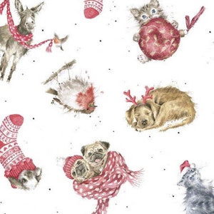 Warm Wishes - Animales arrojados en blanco de Hannah Dale de Maywood Studio Fabric