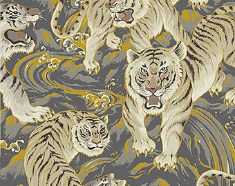 Hyakka Ryoran Tora Metallic - Tigergrau von Quilt Gate Stoff