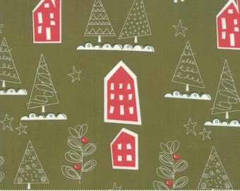 May include: Olive green fabric featuring a repeating pattern of red houses, white trees, and star shapes. The trees have different designs, and the houses have white outlines. Ideal for quilting and other craft projects.