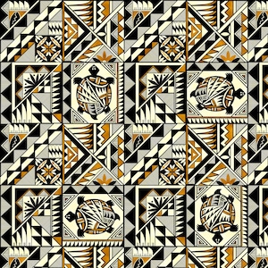 May include: Geometric pattern featuring repeating squares with turtle and abstract designs in black, white, and gold. The pattern includes triangles, lines, and floral-like shapes, creating a visually complex and artistic design.