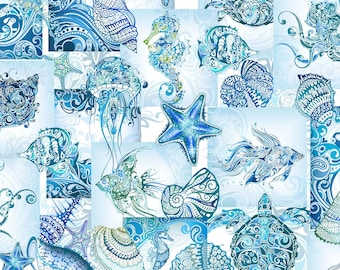 Wonders Of The Ocean - Sea Creatures Collage Blue from In The Beginning Fabric