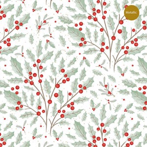 Scandi Holly Metallic - Berries Bush White from Craft Cotton Company Fabric