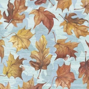 May include: A seamless pattern of brown and orange autumn leaves on a light blue background.