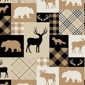 May include: A patchwork pattern featuring silhouettes of bears, deer, moose, and foxes in shades of black, tan, and cream. The design incorporates plaid and square blocks, creating a rustic, outdoorsy theme.