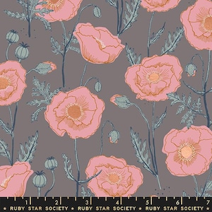 May include: A gray fabric with a repeating pattern of pink poppy flowers with gold outlines. The flowers are drawn in a vintage style with detailed petals and stems. The fabric is perfect for quilting, sewing, and crafting.