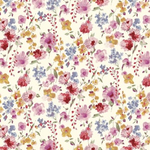 Flower Garden LAWN - Floral Pink Mustard Yellow on Natural from Cosmo Fabric