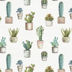 May include: A seamless pattern featuring various potted succulents and cacti in a watercolor style. The plants are in different shades of green, with some having pink or brown accents. The background is a light beige with a subtle pattern.