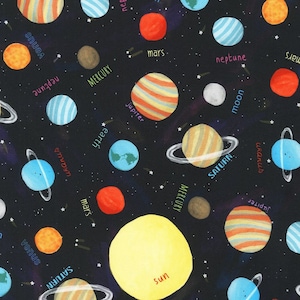 May include: A colorful illustration of the planets in our solar system, including the sun, mercury, venus, earth, mars, jupiter, saturn, uranus, neptune, and the moon. The planets are depicted in a cartoon style with bright colors and swirling patterns.