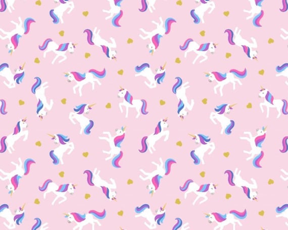 Unicorns on Pink Small Things Mystical /& Magical Fabric With Gold Metallic