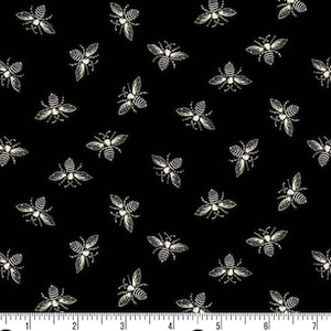 May include: Black fabric with a repeating pattern of cream-colored bees. The bees are detailed with wings and striped abdomens. The fabric is suitable for quilting, sewing, or crafting projects.