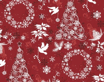 Seasonal Basics - Christmas Joy Tree Wreath Doves Red from Springs Creative Fabric