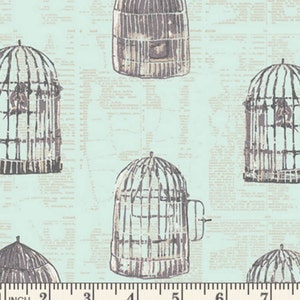 May include: A light blue background with a repeating pattern of gray birdcages. The birdcages are made of wire and have a simple design. The background is a light blue color with a subtle pattern of white lines.