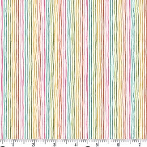 May include: Fabric with a cream background and vertical stripes in various colors, including pink, teal, yellow, and brown. The stripes have a hand-drawn, textured appearance, creating a playful and artistic design. This fabric is suitable for sewing and crafting projects.