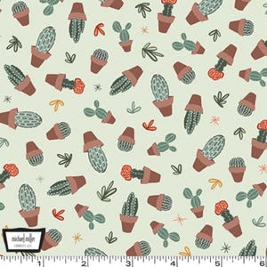 May include: Fabric with a repeating pattern of cacti in terracotta pots, along with small leaves and flowers. The cacti are various shapes and sizes, in shades of green and blue-green, with some featuring orange blooms. The background is a light green color.