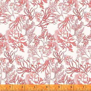 May include: A white fabric with a repeating pattern of pink seaweed. The fabric is measured with a ruler in inches.