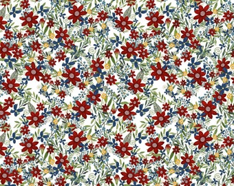 May include: A seamless pattern featuring a white background with a variety of red, blue, and yellow flowers. The flowers are arranged in a random pattern and are surrounded by green leaves.