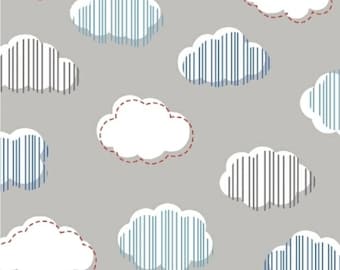 May include: A gray background with a repeating pattern of white clouds with blue and gray stripes. Some of the clouds have a red dashed outline.